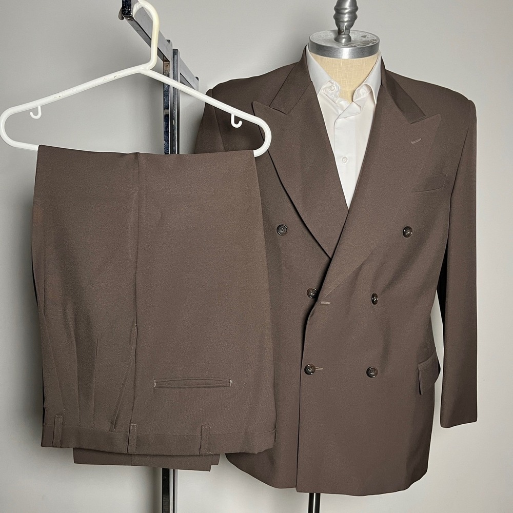 Falcone Suit Mens 42L 34W Brown Solid Double Breasted Peak Lapel Vintage USA